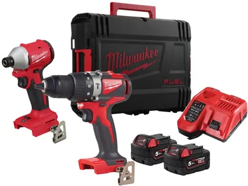 Zolang de voorraad strekt - Milwaukee M18 BLPP2A3-502X accu gereedschapsset 2-kit Brushless (M18BLPD2, blidr (2x 5.0Ah accu + lader in HD Box) - 4933492844